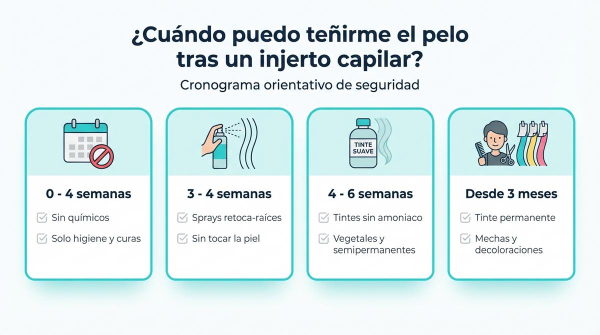 Diagrama sobre la sensibilidad del cuero cabelludo tras un injerto capilar y el momento seguro para aplicar tinte.
