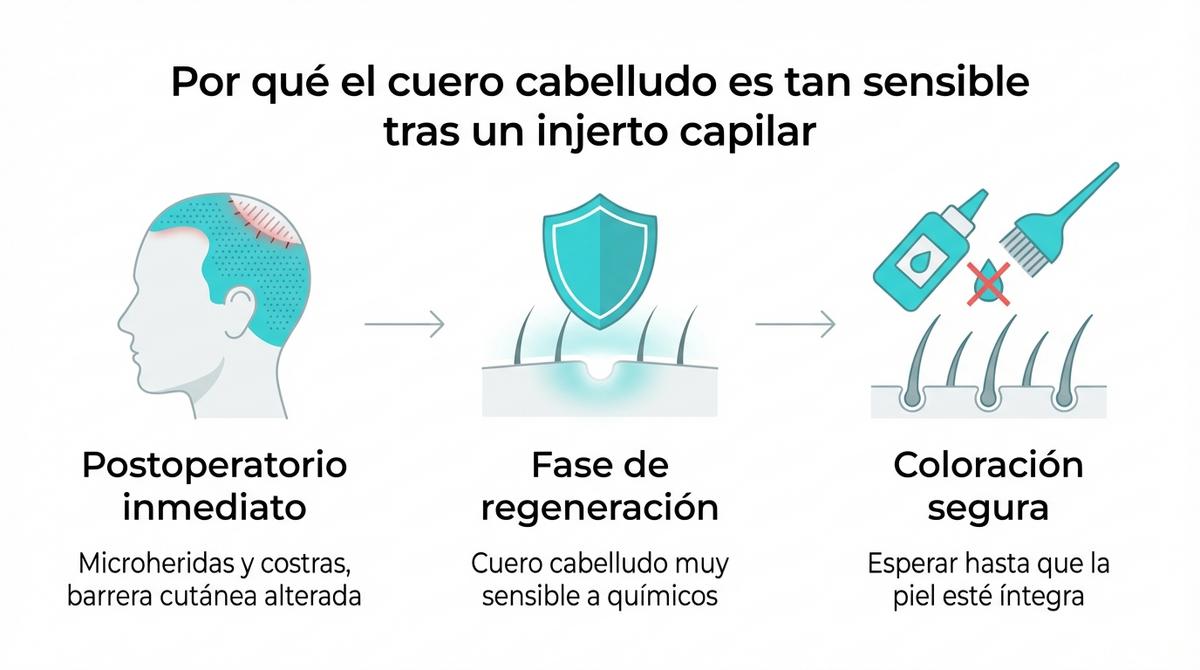 Infografía que muestra los principales riesgos de teñir el pelo demasiado pronto tras un injerto capilar.