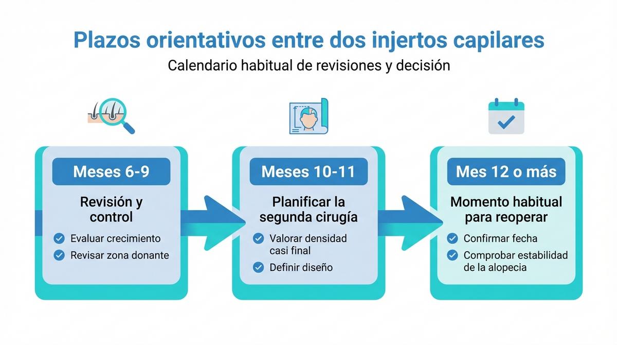 Diagrama en línea de tiempo con los meses recomendados para revisar y programar un segundo injerto capilar.