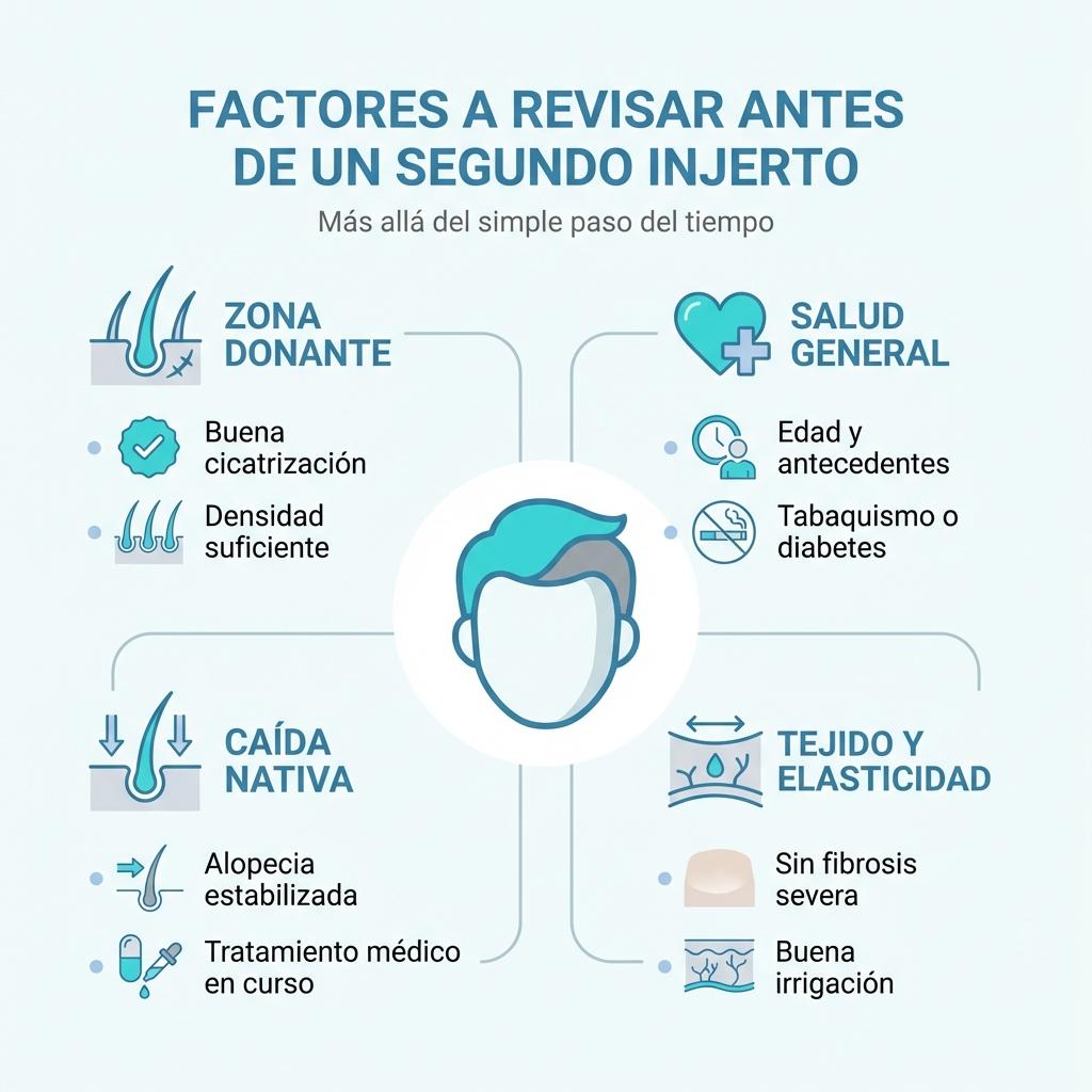 Diagrama que muestra los principales factores clínicos a valorar antes de un segundo injerto capilar.