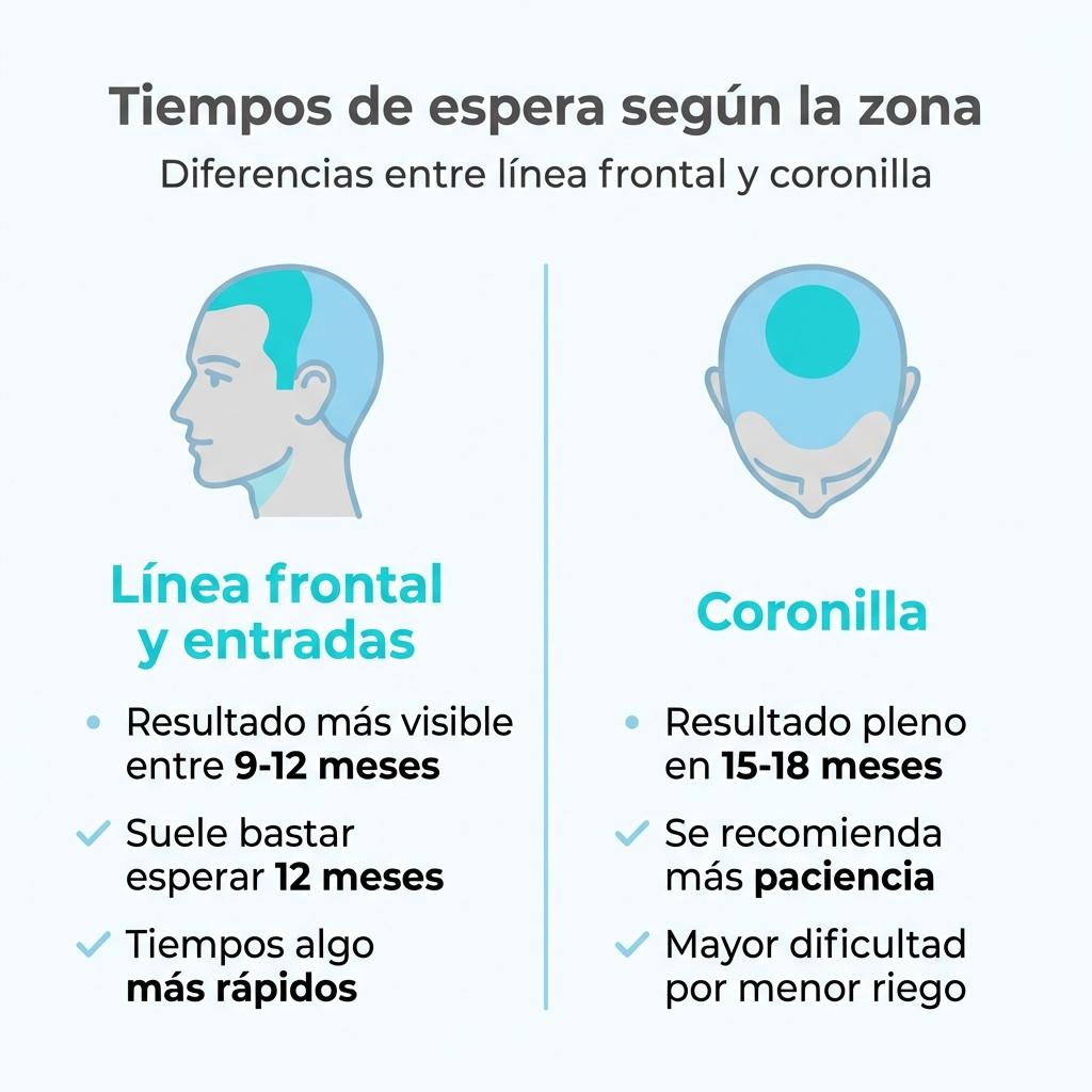 Infografía que compara los tiempos de espera entre injertos capilares en la línea frontal y en la coronilla.
