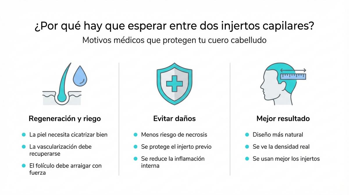 Infografía que resume los principales motivos médicos para esperar entre dos injertos capilares.