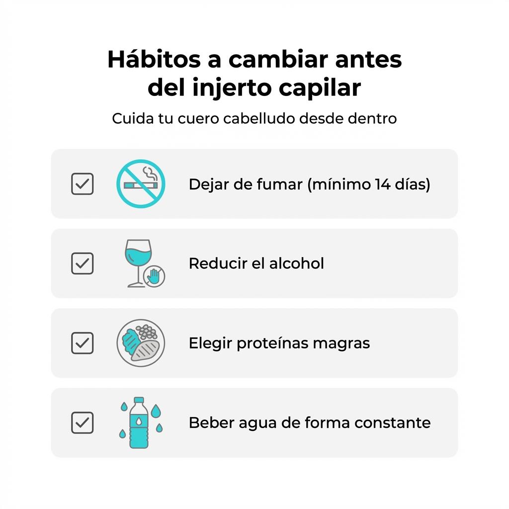 Diagrama tipo checklist con hábitos recomendados antes de un injerto capilar.