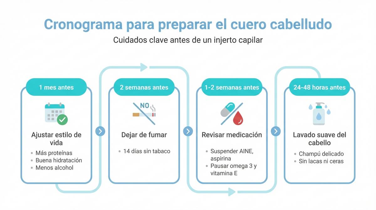Infografía con línea de tiempo de cuidados para preparar el cuero cabelludo antes de un injerto capilar.