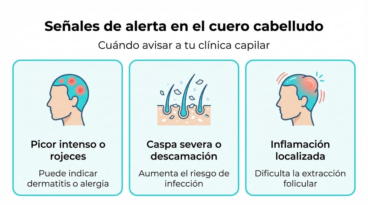 Infografía que muestra síntomas de alerta en el cuero cabelludo antes de un injerto capilar y sus posibles consecuencias.