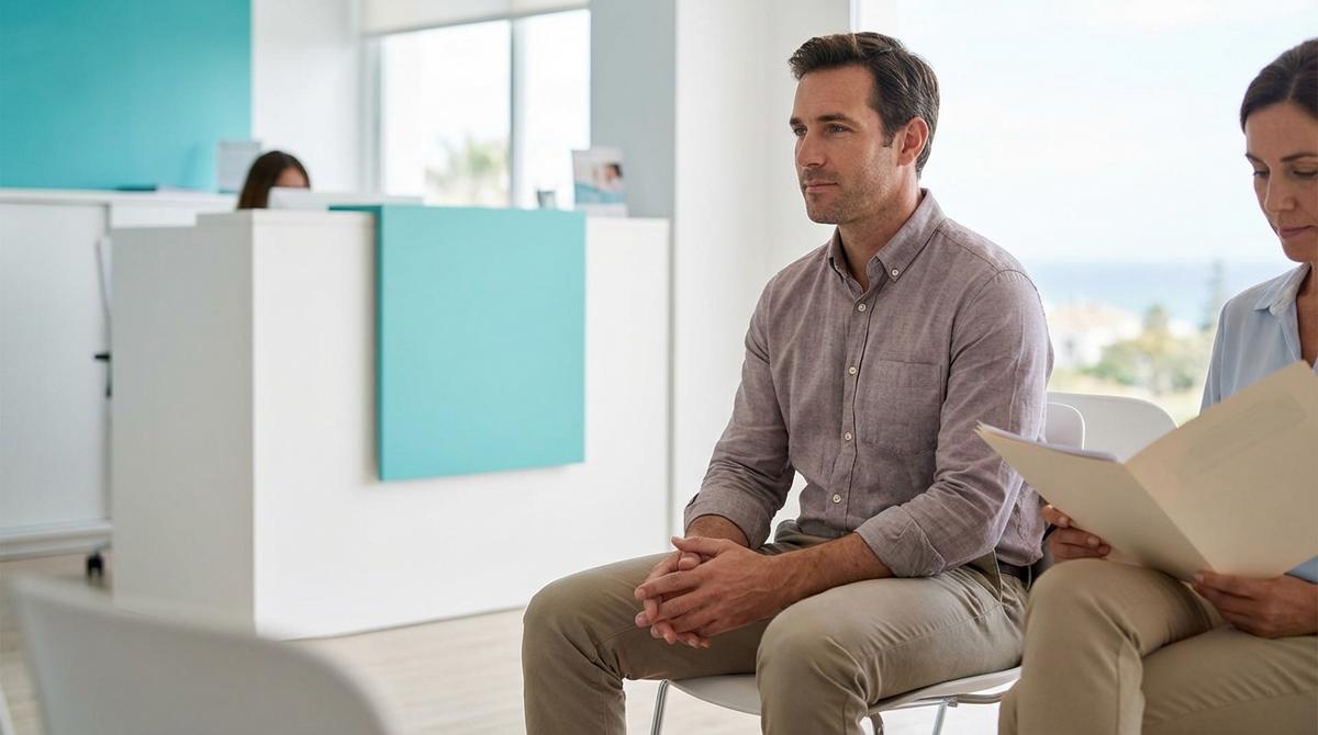 Paciente esperando en la sala de una clínica capilar antes de un injerto de pelo.