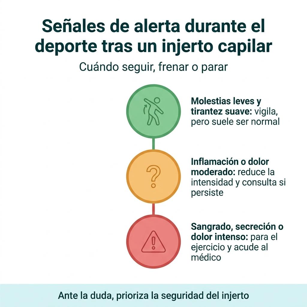Diagrama en forma de semáforo con tres niveles de señales de alerta al hacer deporte después de un injerto capilar