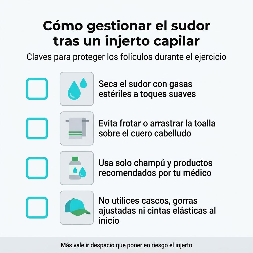 Diagrama en formato checklist con recomendaciones para manejar el sudor tras un injerto capilar al hacer ejercicio