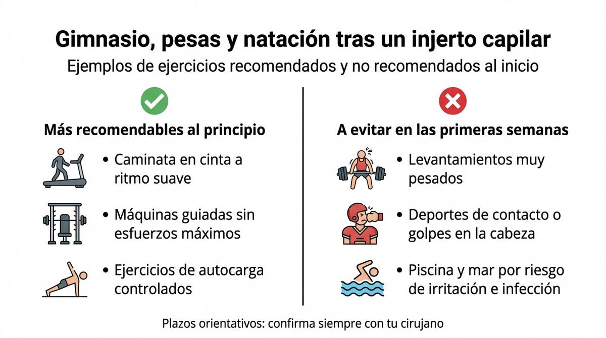 Infografía comparativa con ejercicios recomendados y ejercicios a evitar en gimnasio y natación tras un injerto capilar