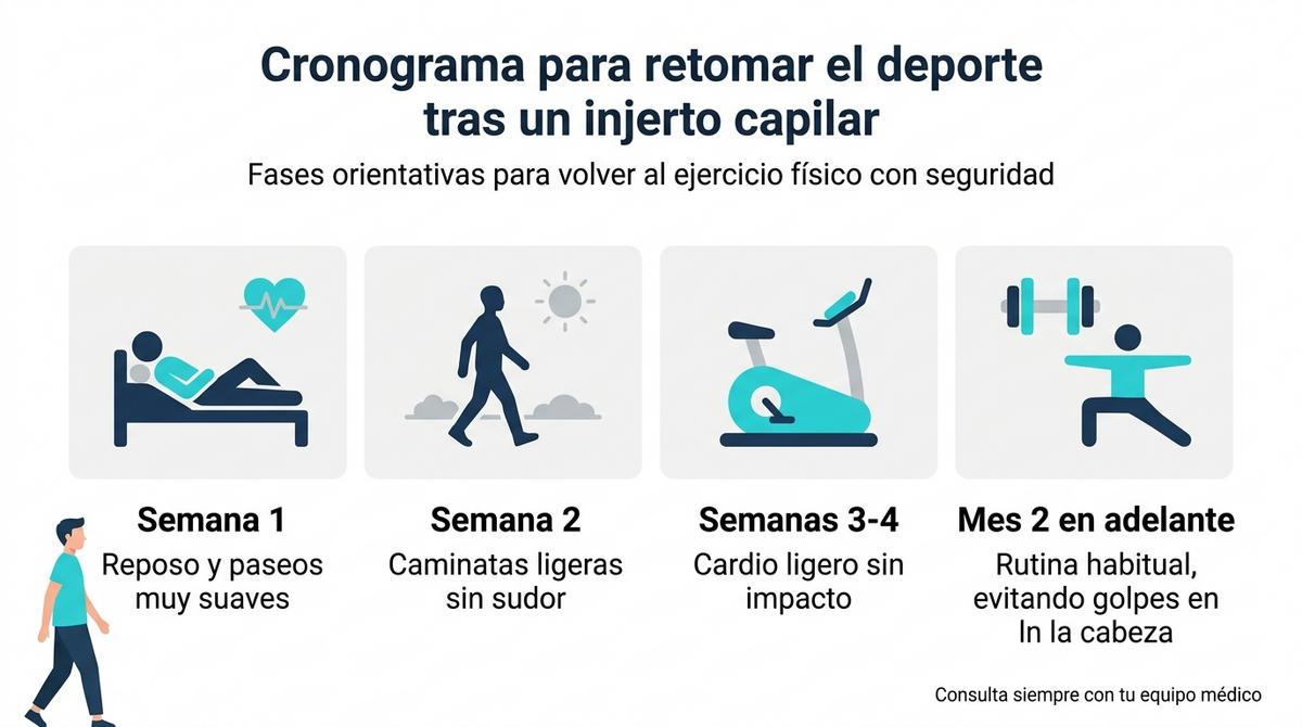 Infografía con el cronograma por semanas para retomar el deporte después de un injerto capilar