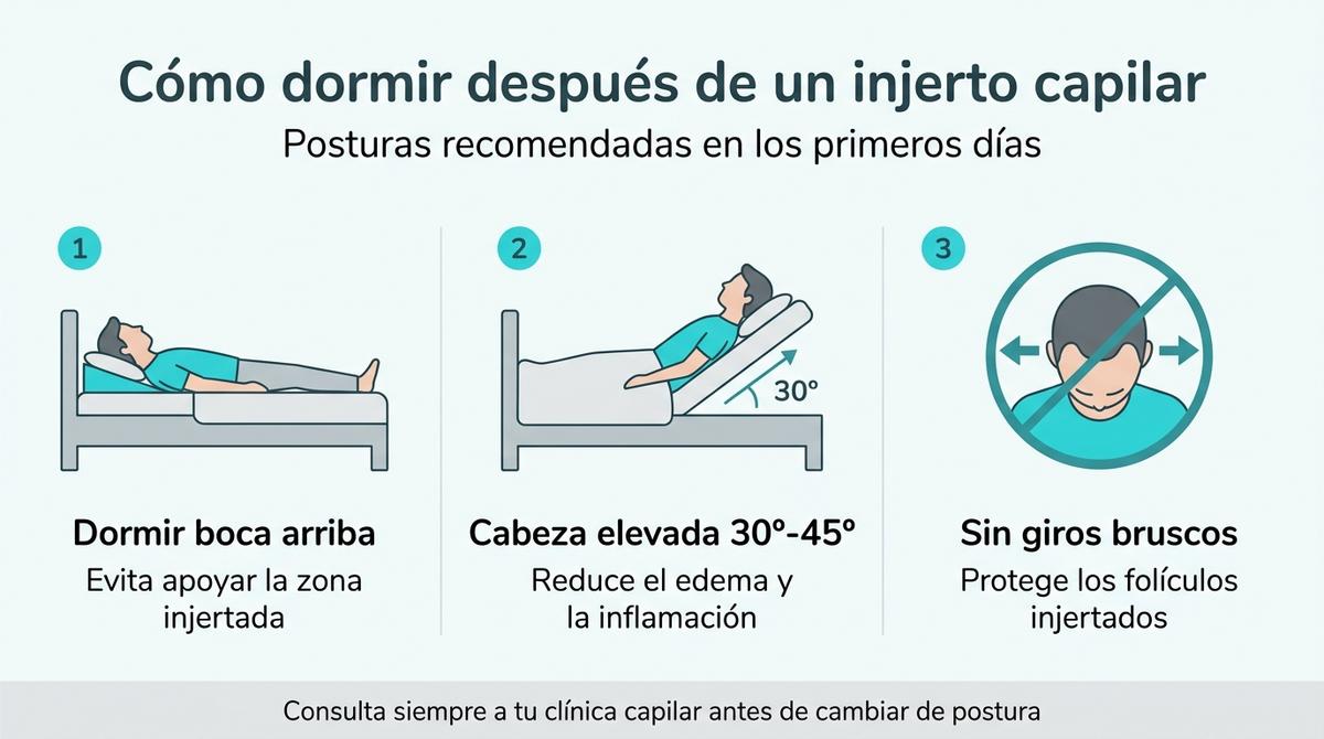 Infografía con tres columnas que resumen las posturas seguras para dormir tras un injerto capilar.