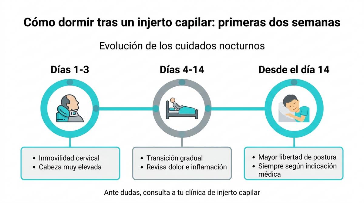 Línea de tiempo con tres fases que resumen cómo deben cambiar los cuidados nocturnos tras un injerto capilar.