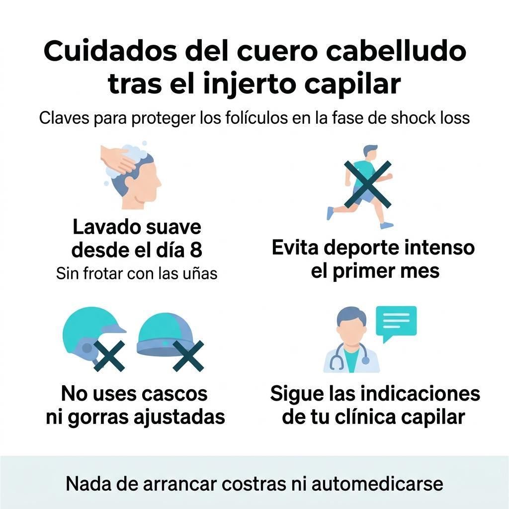 Checklist visual con los principales cuidados del cuero cabelludo tras un injerto capilar durante la fase de shock loss.