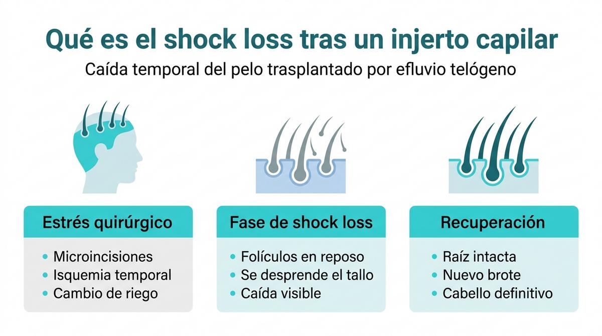 Diagrama en tres fases que explica el shock loss tras un injerto capilar desde el estrés quirúrgico hasta la recuperación del cabello.