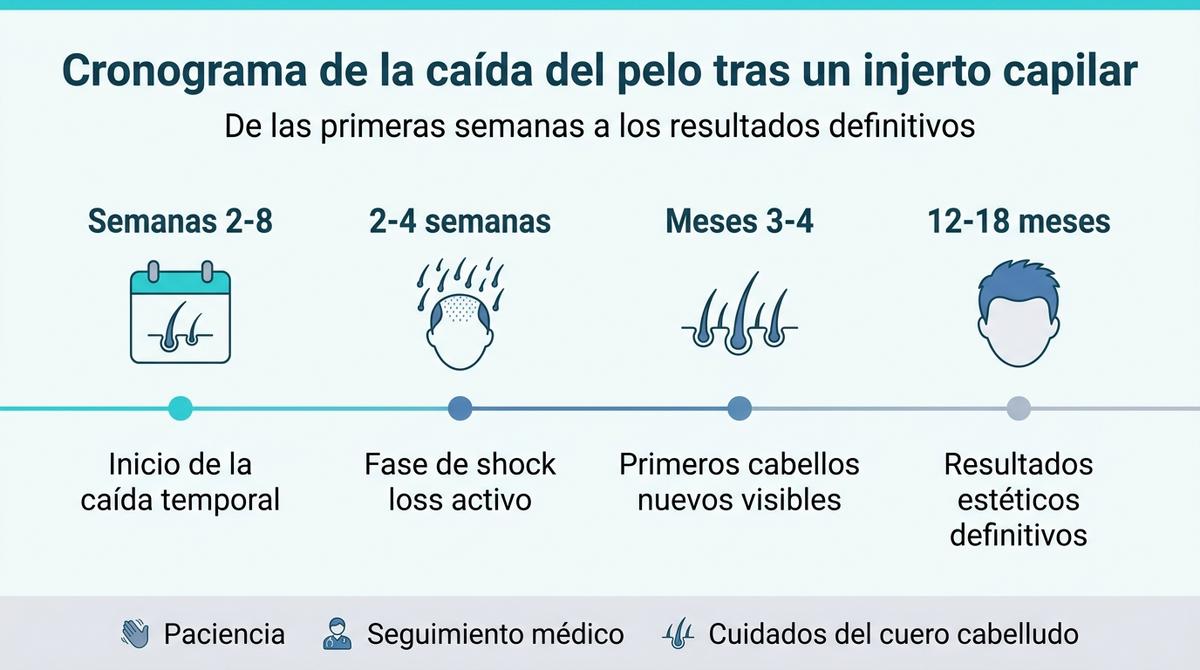 Línea de tiempo que muestra las fases de caída y crecimiento del pelo tras un injerto capilar hasta los resultados finales.