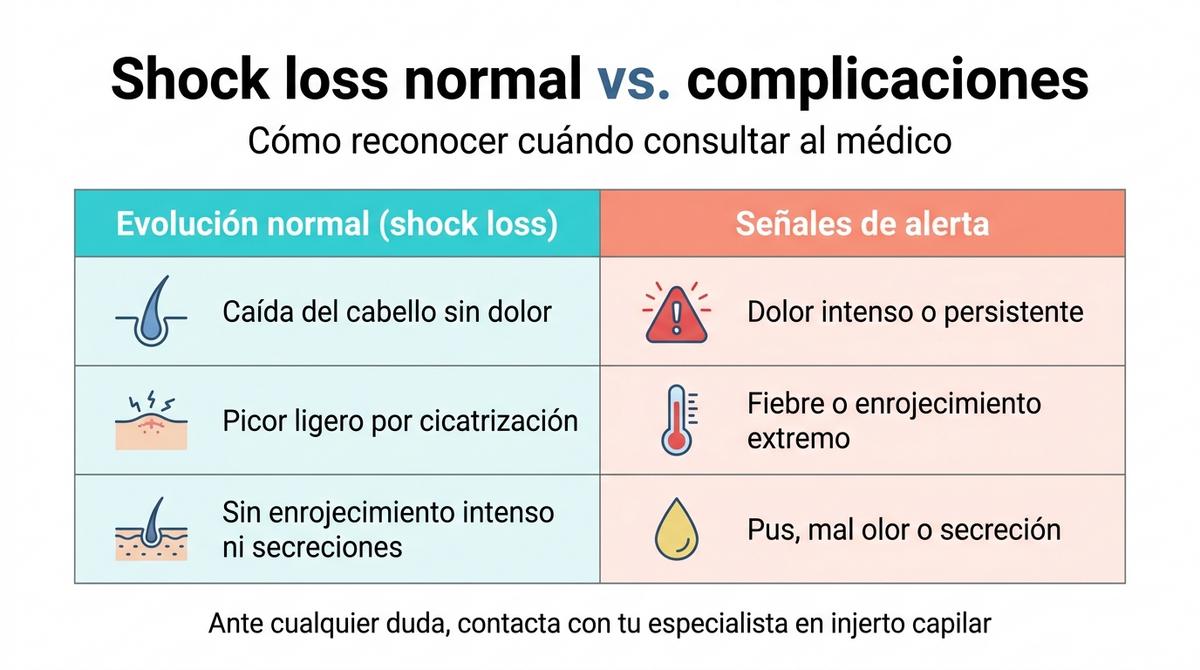 Tabla comparativa que diferencia el shock loss normal de las señales de complicaciones tras un injerto capilar.