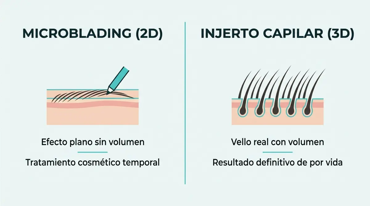 Infografía comparativa entre los resultados bidimensionales del microblading y el relieve tridimensional del injerto de cejas