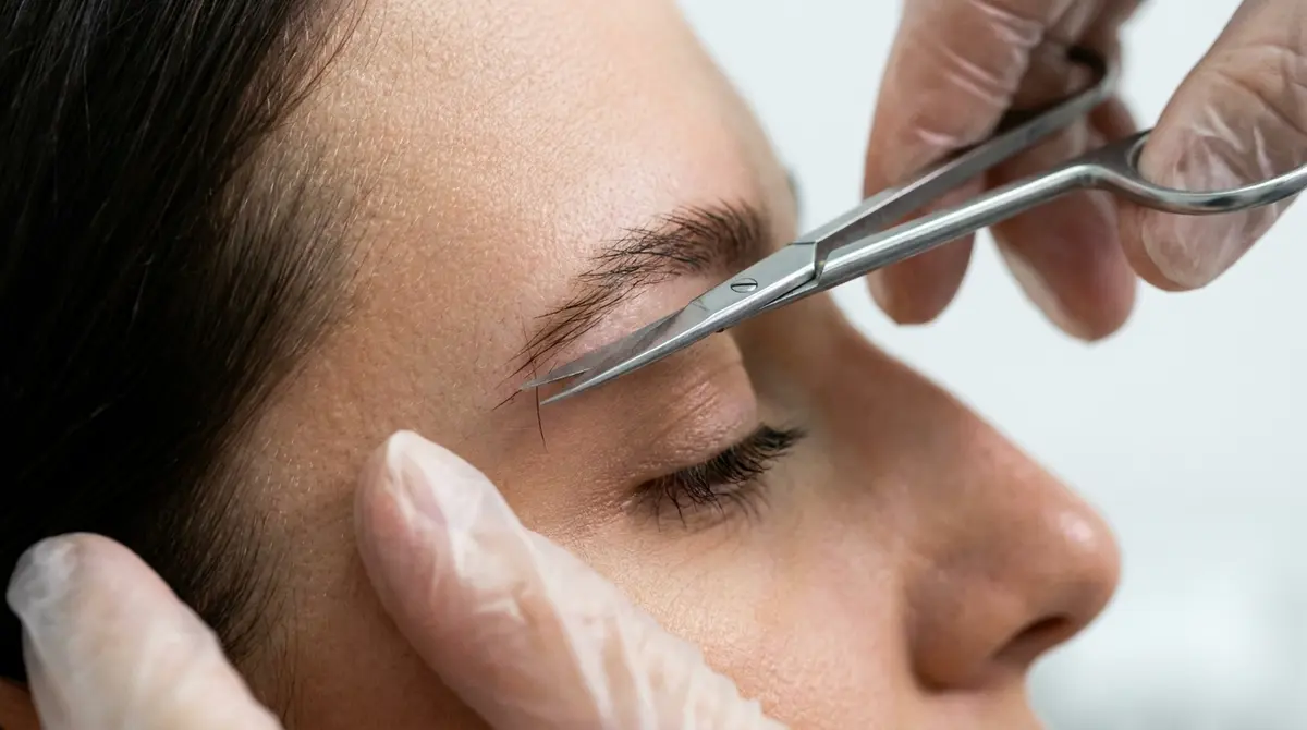 Plano de detalle de un mantenimiento de cejas recortando el vello trasplantado con tijeras de precisión