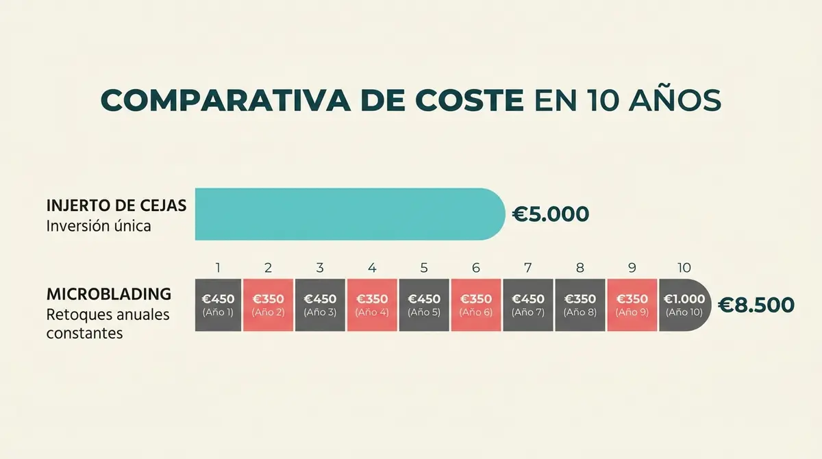 Infografía de costes a largo plazo comparando la inversión única del injerto de cejas frente a los gastos continuos del microblading