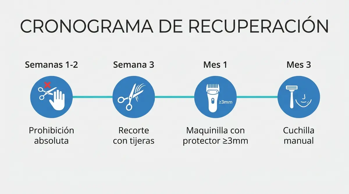 Línea temporal detallada de las fases y plazos seguros para el afeitado tras un injerto de barba.