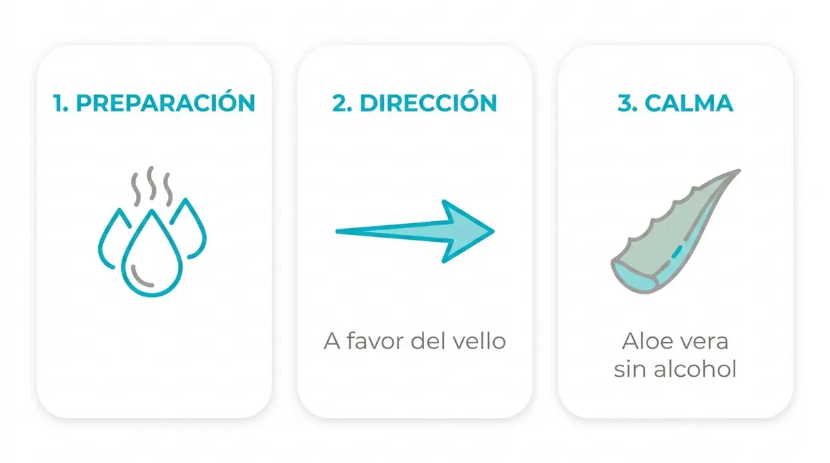 Diagrama de tres pasos para el protocolo correcto del primer rasurado con cuchilla tras un injerto capilar.