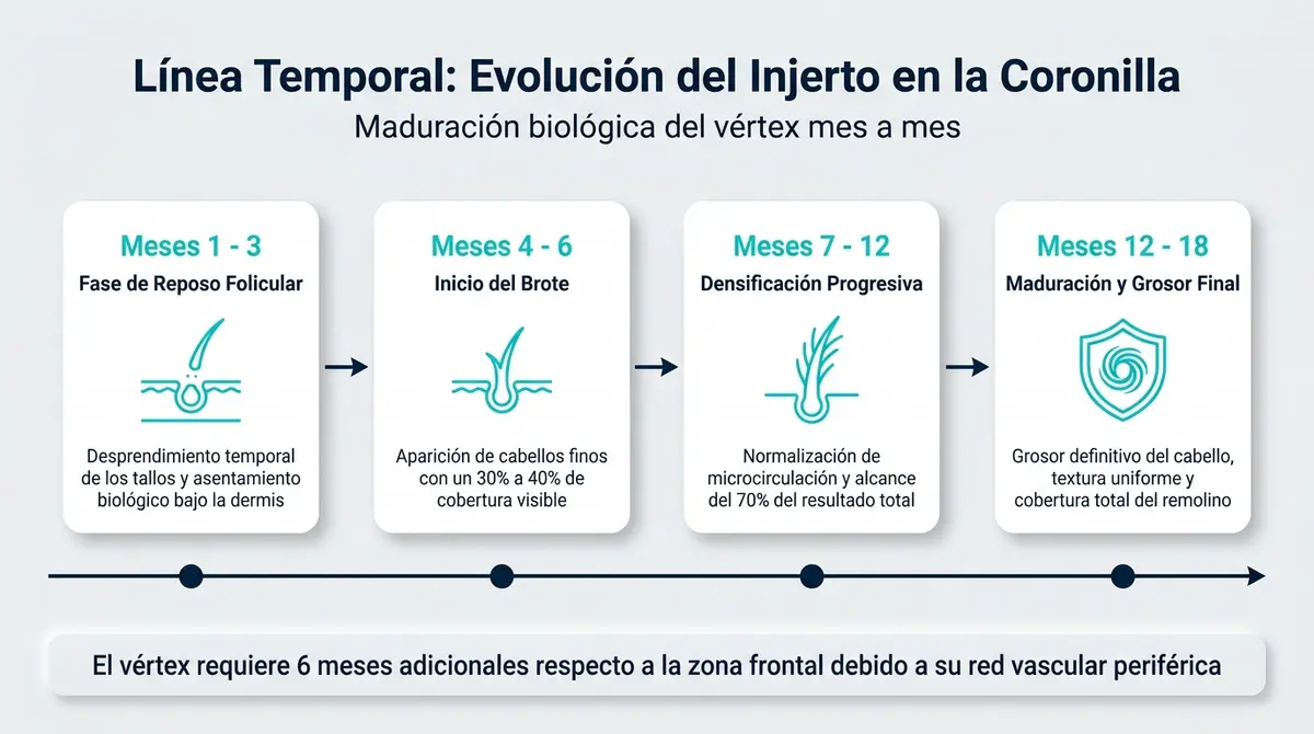 Cronograma evolutivo del crecimiento y maduración del injerto capilar en la coronilla de mes 1 a 18