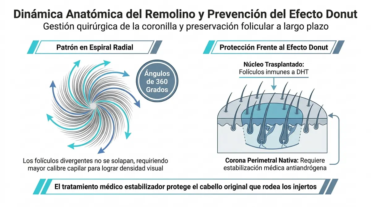 Esquema médico sobre la dinámica folicular del remolino capilar y prevención del efecto donut